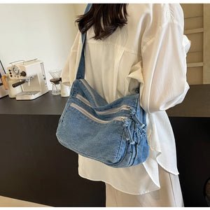 Casual Denim Crossbody Tote – Women's Trendy Handbag