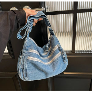 Casual Denim Crossbody Tote – Women's Trendy Handbag