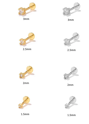 Sterling Silver Zircon Stud Earrings for Women 1.5mm/2mm/2.5mm - 1pcs