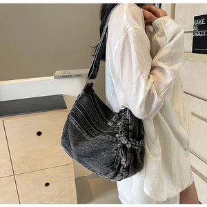 Casual Denim Crossbody Tote – Women's Trendy Handbag